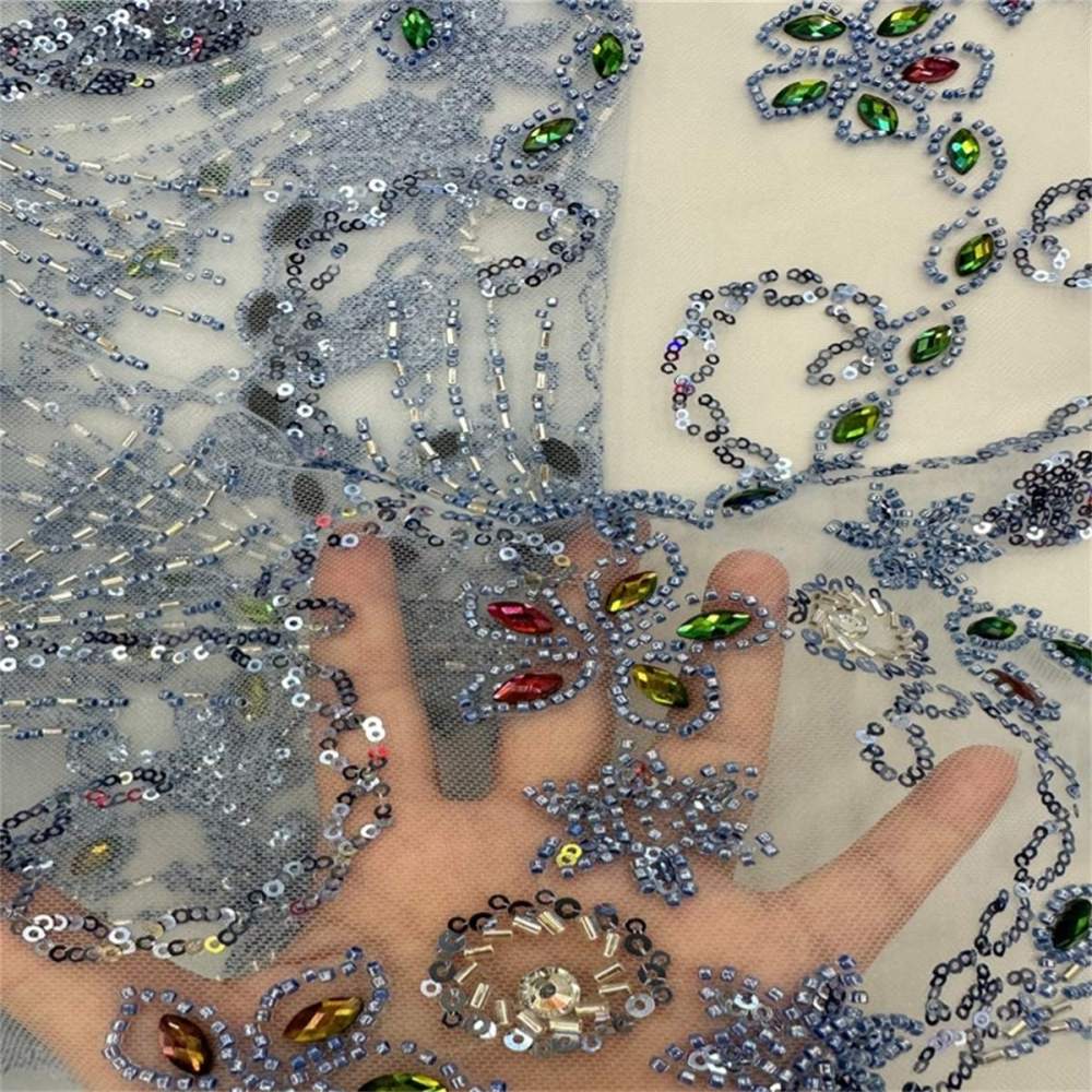 Embellished Beaded Tulle Lace Fabric with Beads, Rhinestones | GTIN JJ007