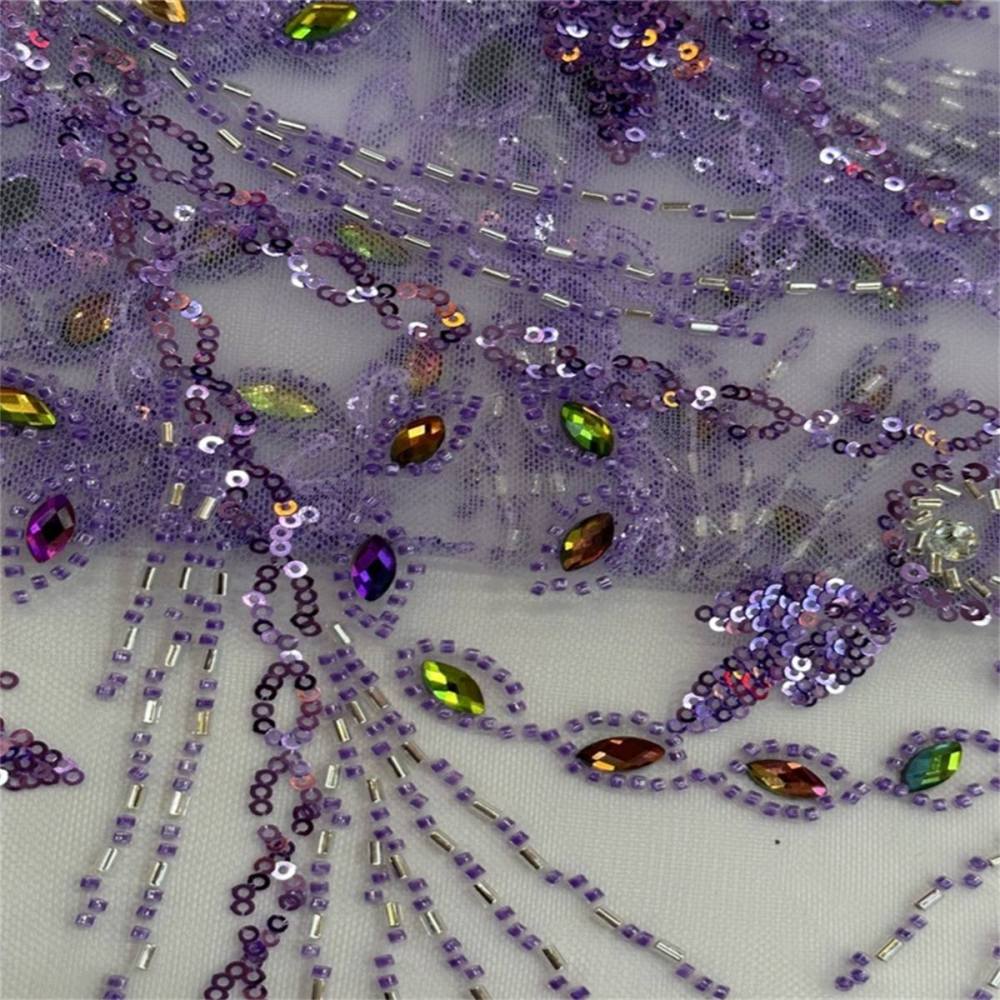 Embellished Beaded Tulle Lace Fabric with Beads, Rhinestones | GTIN JJ007