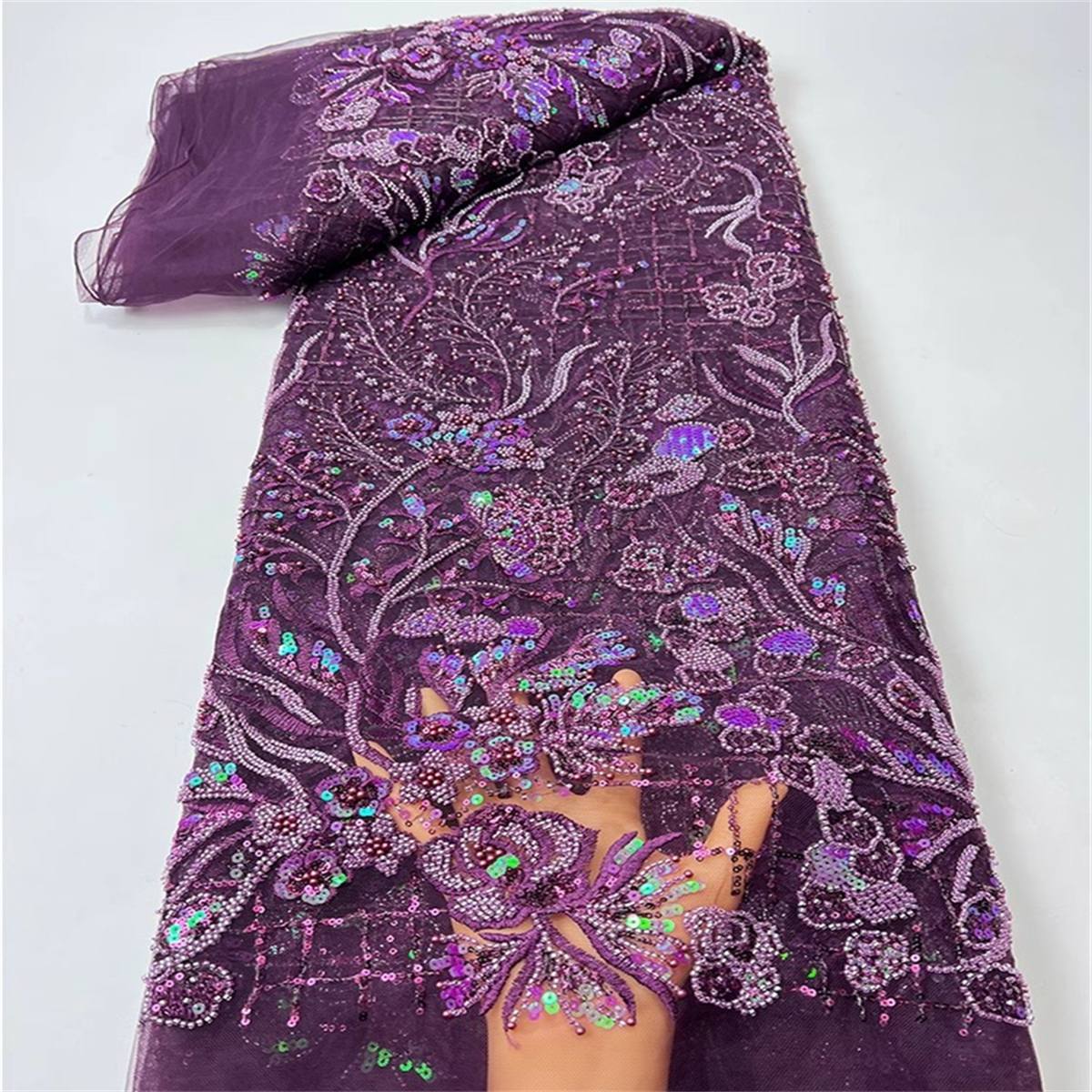 5 Yards Beaded Embroidered Lace Fabric ITM JC019