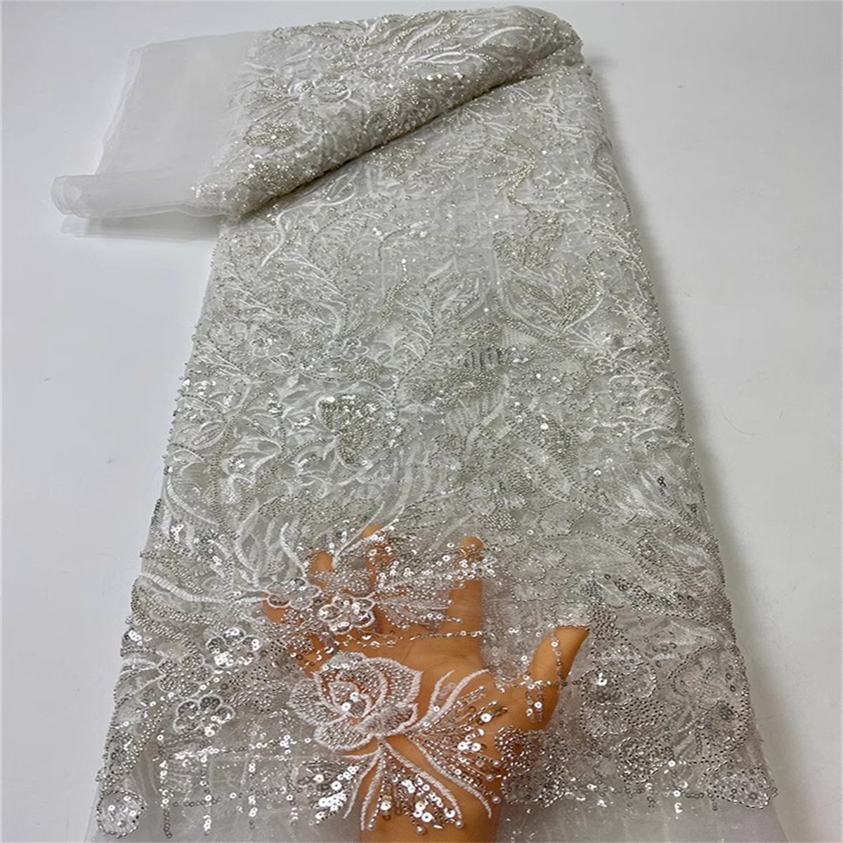 5 Yards Beaded Embroidered Lace Fabric ITM JC019
