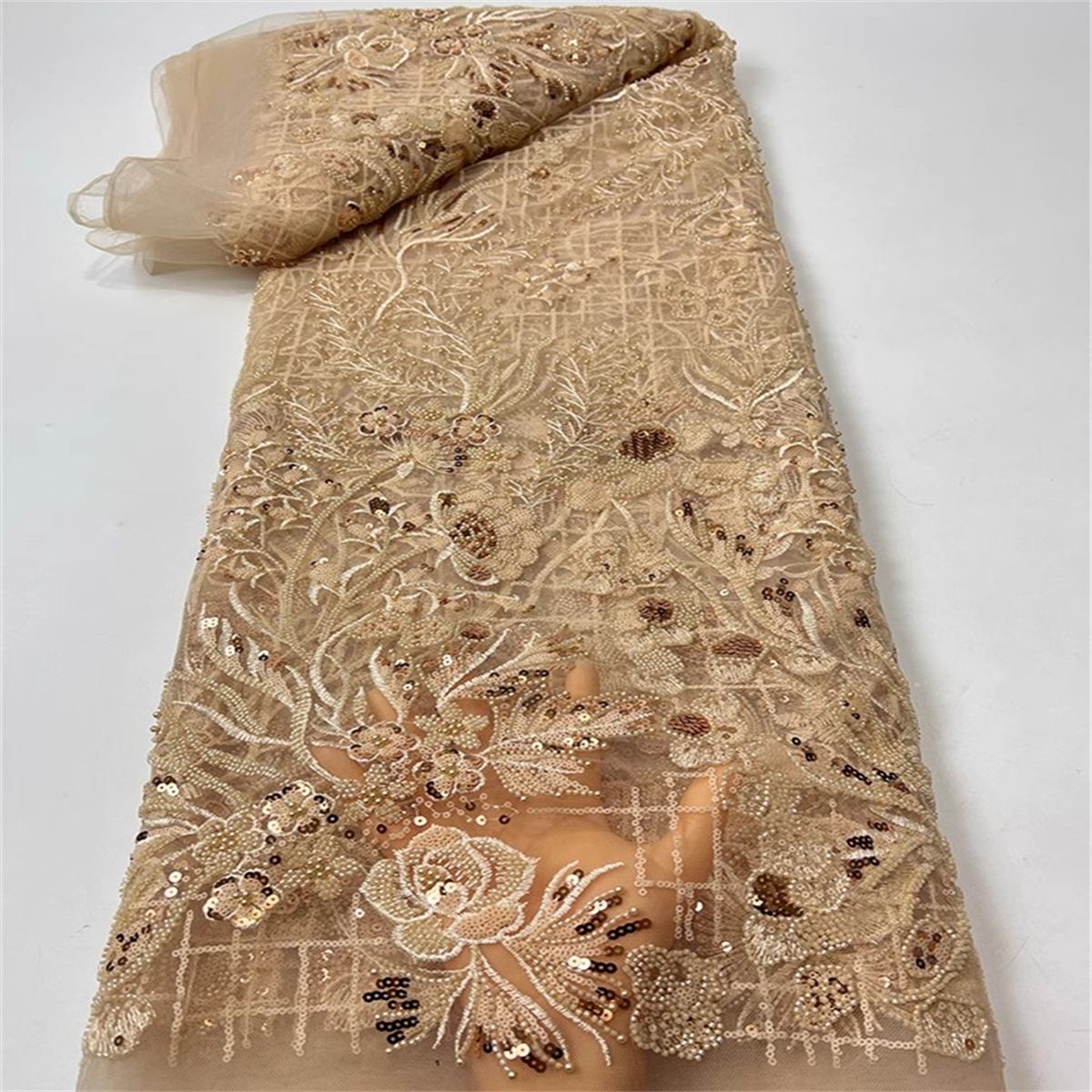 5 Yards Beaded Embroidered Lace Fabric ITM JC019
