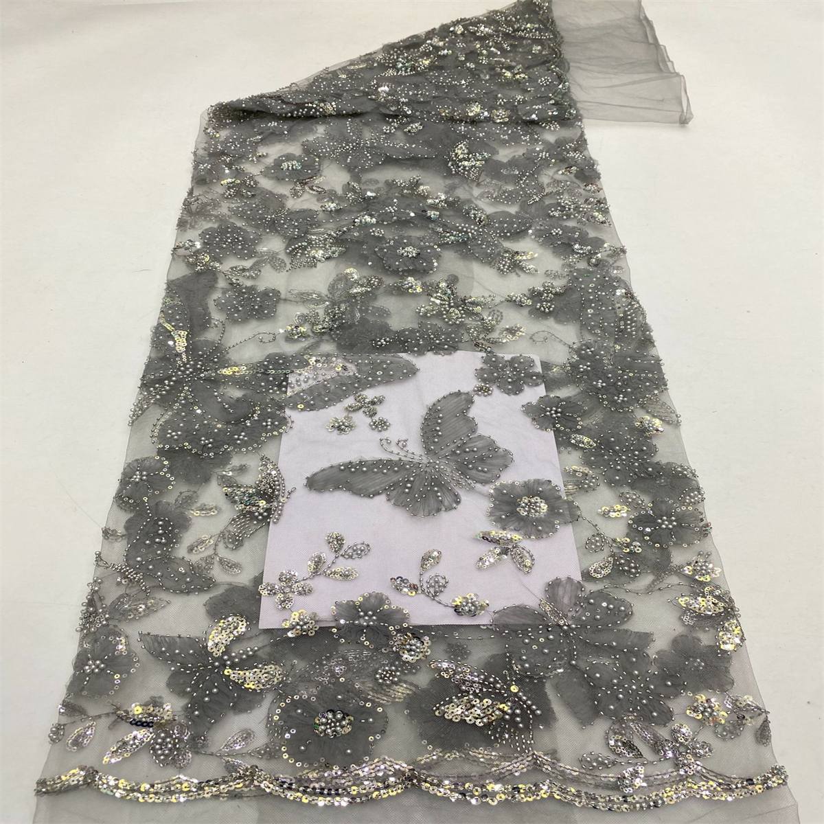 Embellished Beaded 3D Butterfly Tulle Lace Fabric With Beads | GTIN TDD450