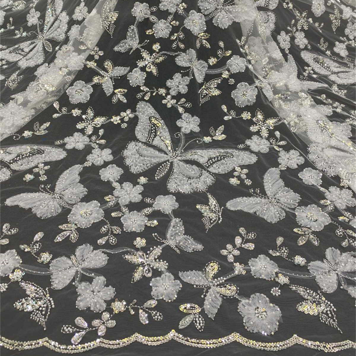 Embellished Beaded 3D Butterfly Tulle Lace Fabric With Beads | GTIN TDD450