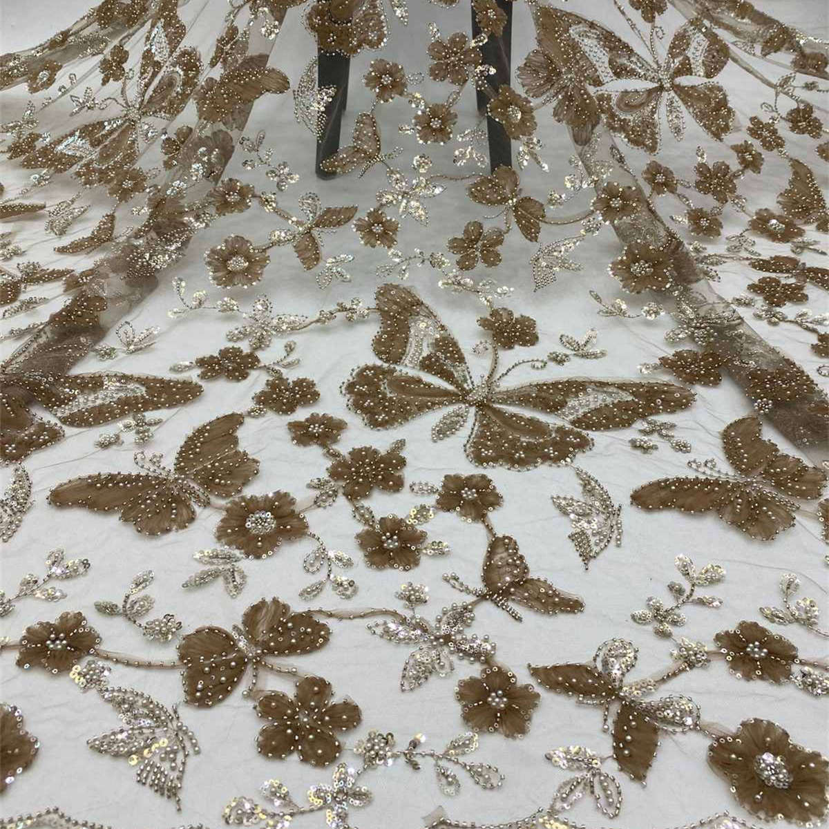 Embellished Beaded 3D Butterfly Tulle Lace Fabric With Beads | GTIN TDD450