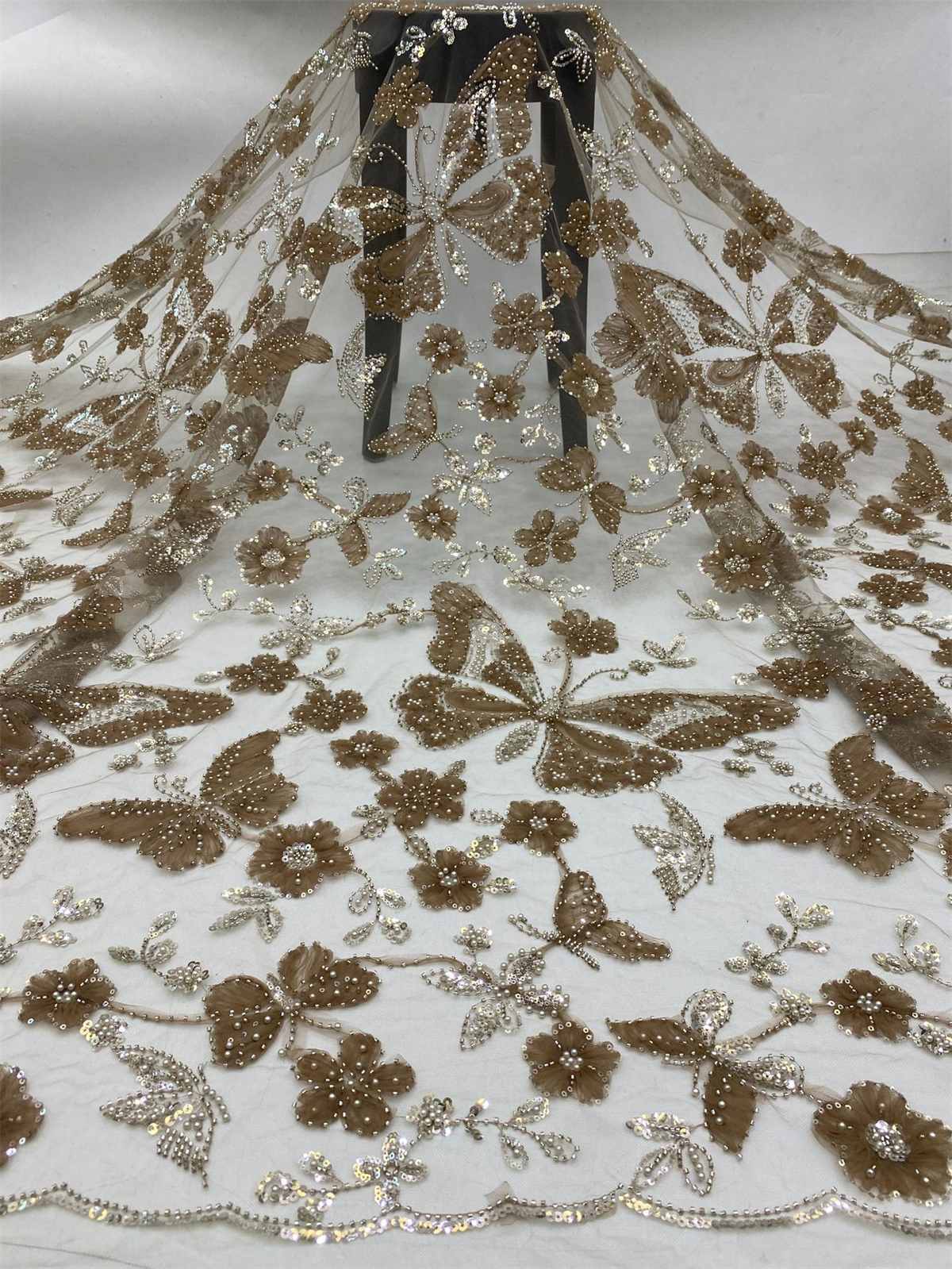 Embellished Beaded 3D Butterfly Tulle Lace Fabric With Beads | GTIN TDD450