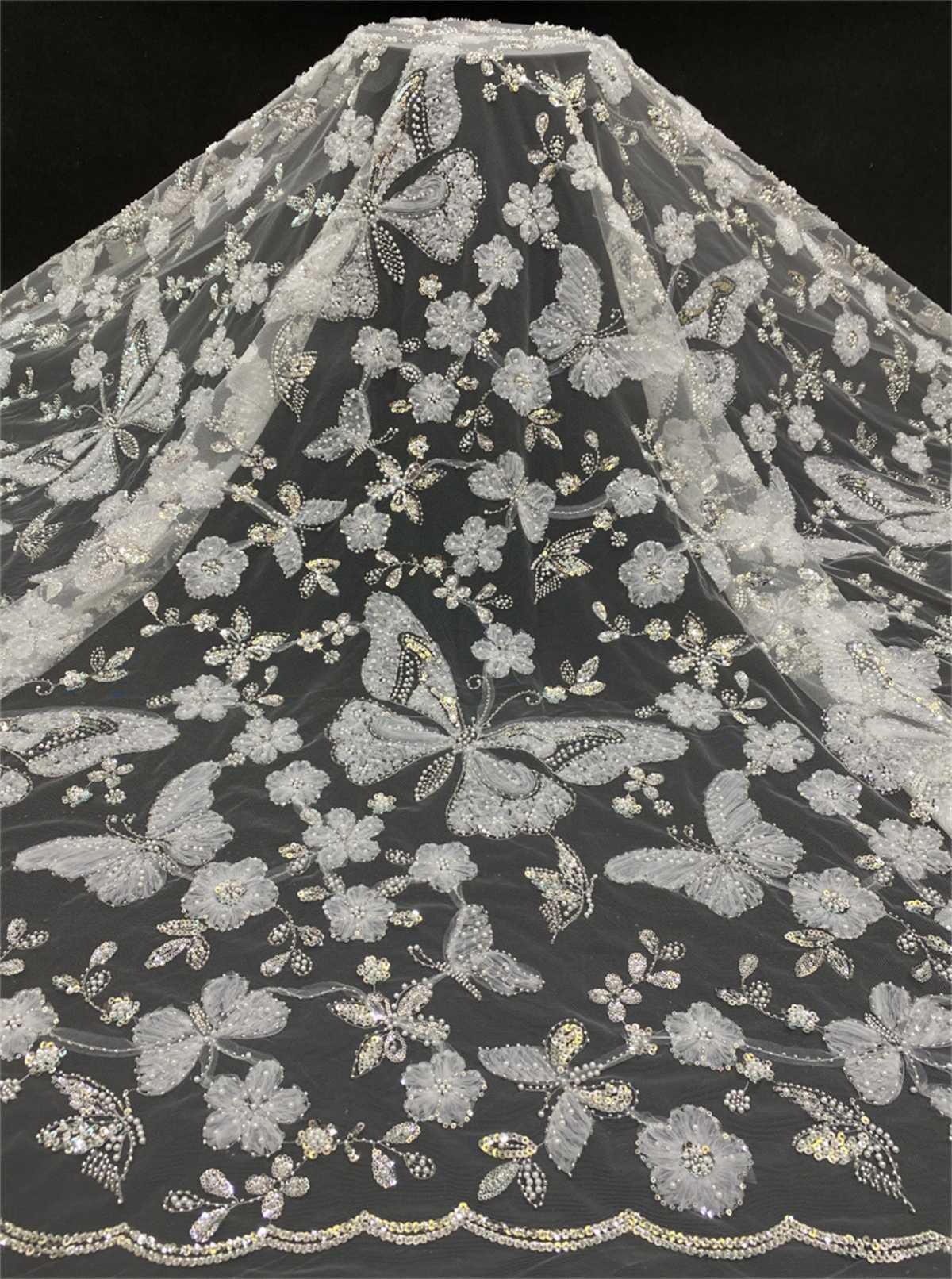 Embellished Beaded 3D Butterfly Tulle Lace Fabric With Beads | GTIN TDD450