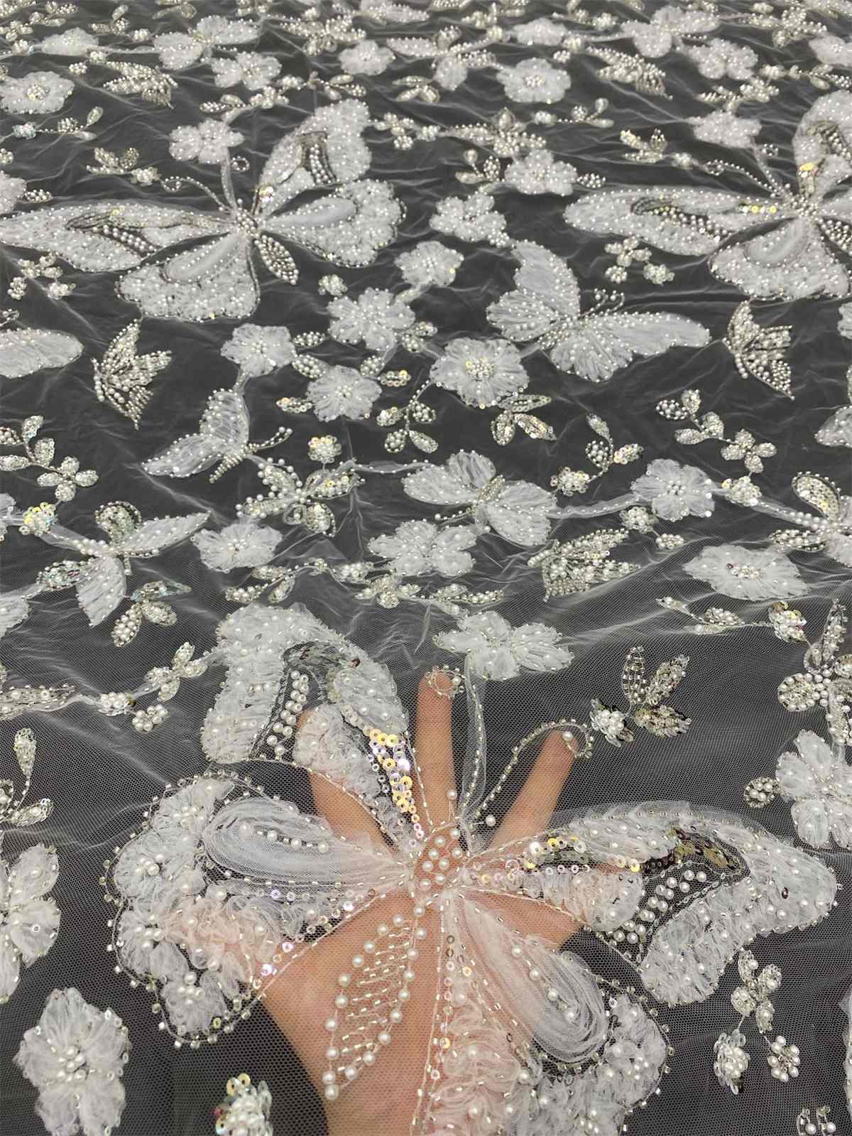 Embellished Beaded 3D Butterfly Tulle Lace Fabric With Beads | GTIN TDD450