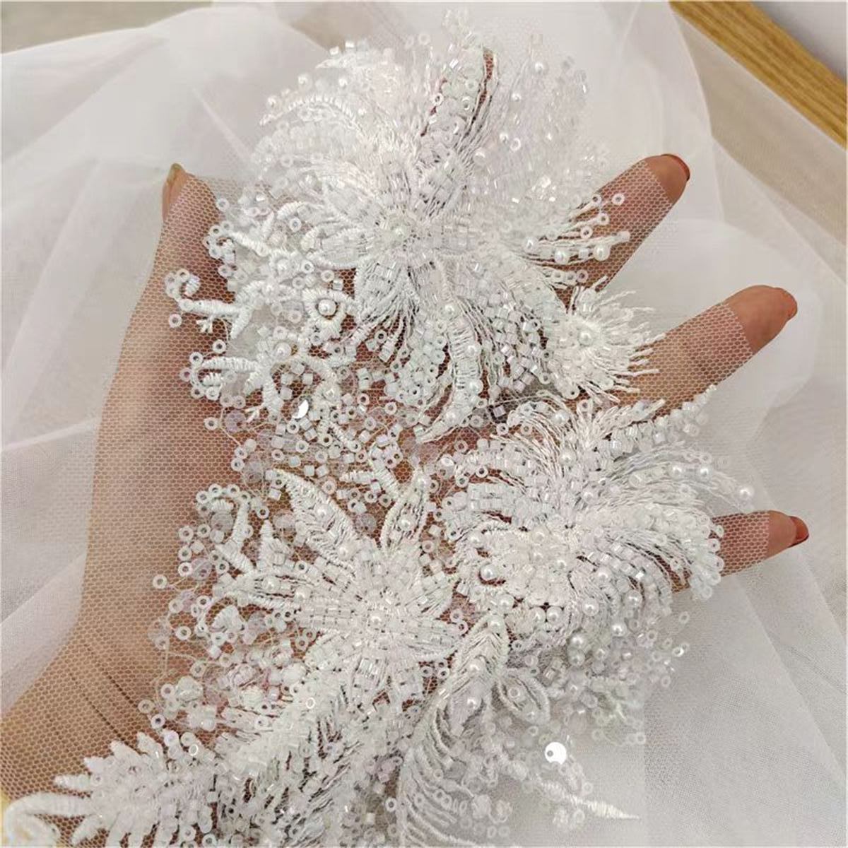 Bridal Lace Applique - Embroidered Beaded Wedding Lace Applique | GTIN SX061
