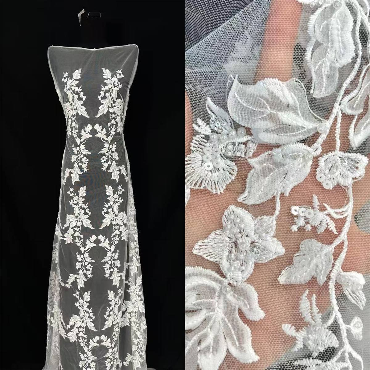 Bridal Lace Fabric - Embroidered Beaded 3D Floral Wedding Lace Fabric | GTIN HN218