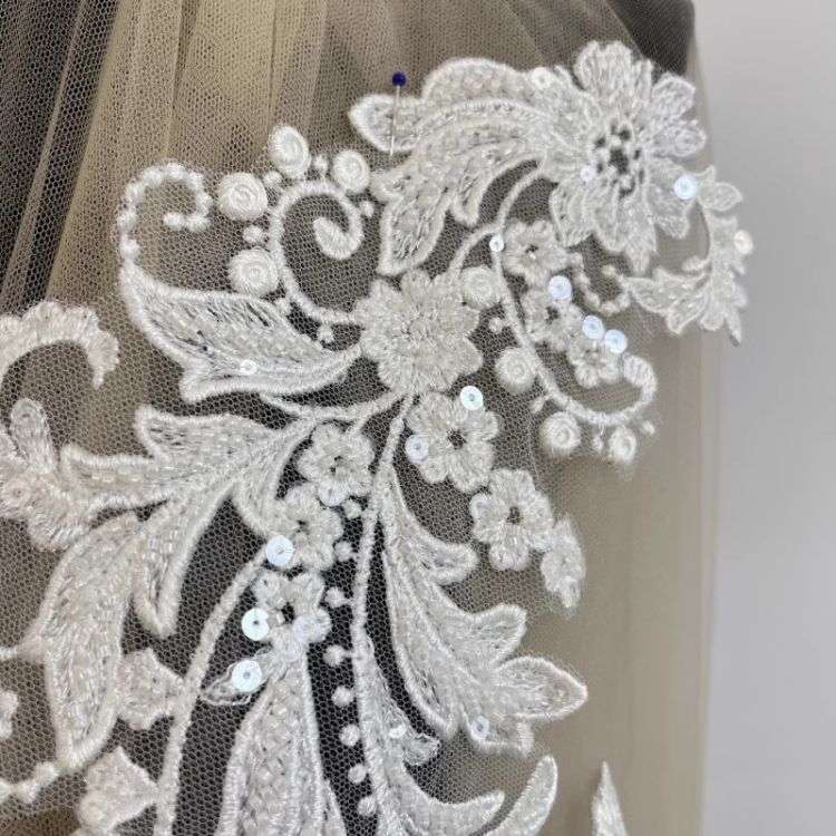 2 Pieces White Sequined Beaded Embroidered Bridal Lace Applique Material