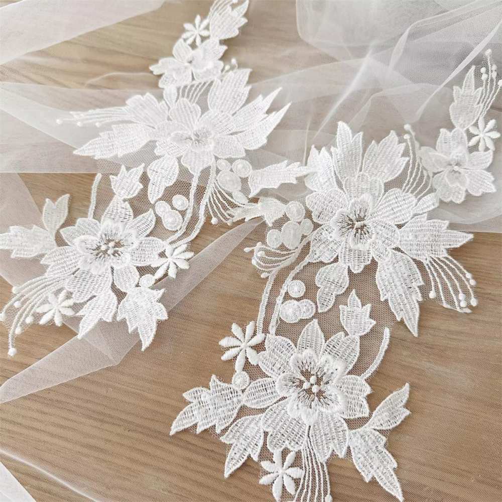 1 Pair White Embroidered Bridal Lace Applique Material