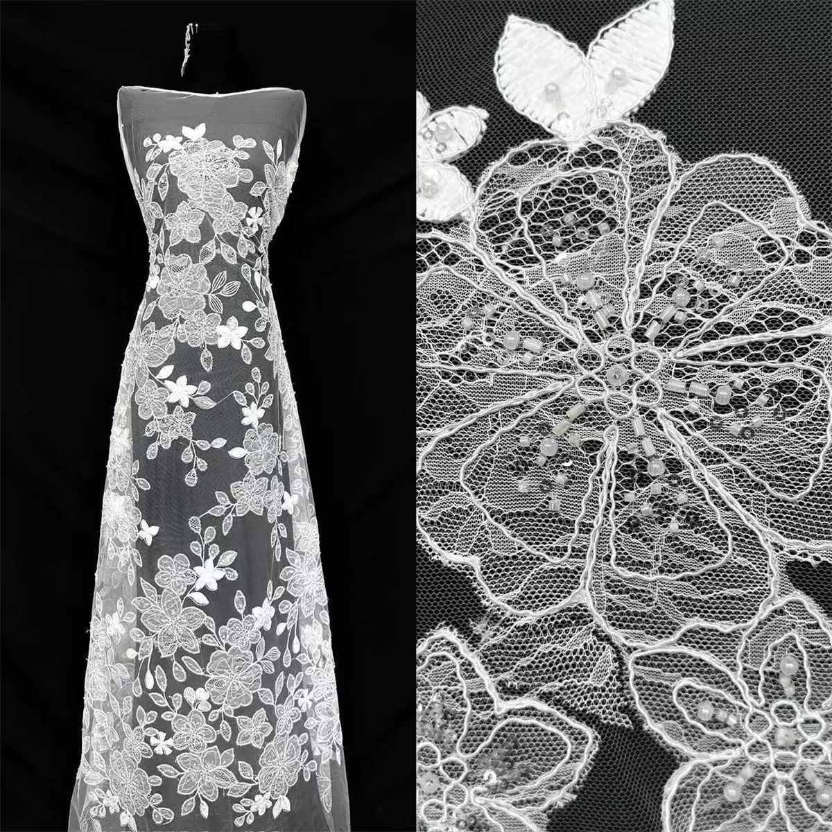 Corded Beaded Tulle Lace Fabric | GTIN HN481