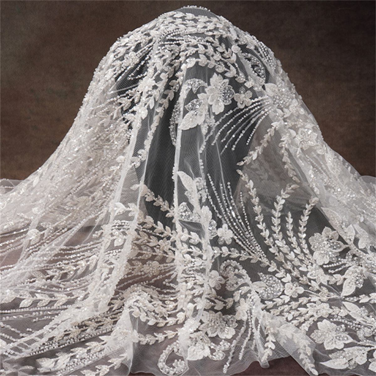 Bridal Lace Fabric - 5 Yards - Embroidered Beaded Wedding Lace Fabric | SKU ZT177