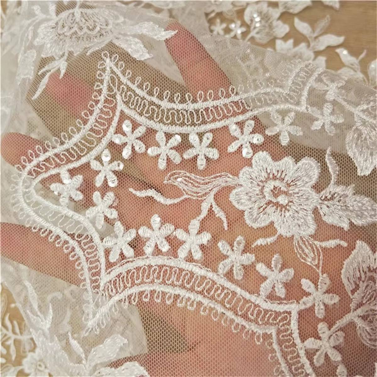 Bridal Lace Fabric - 1 Yard - Embroidered Beaded Wedding Lace Fabric