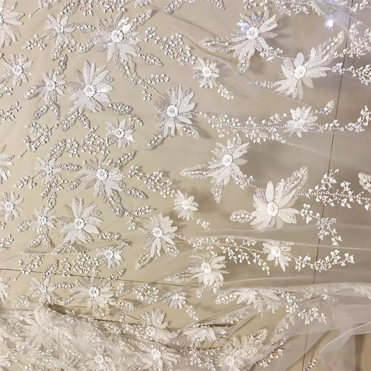 Bridal Lace Fabric - 1 Yard - Embroidered Beaded Wedding Lace Fabric | lil015