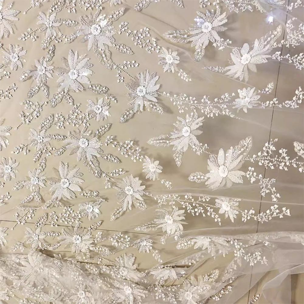 Bridal Lace Fabric - 1 Yard - Embroidered Beaded Wedding Lace Fabric | lil015