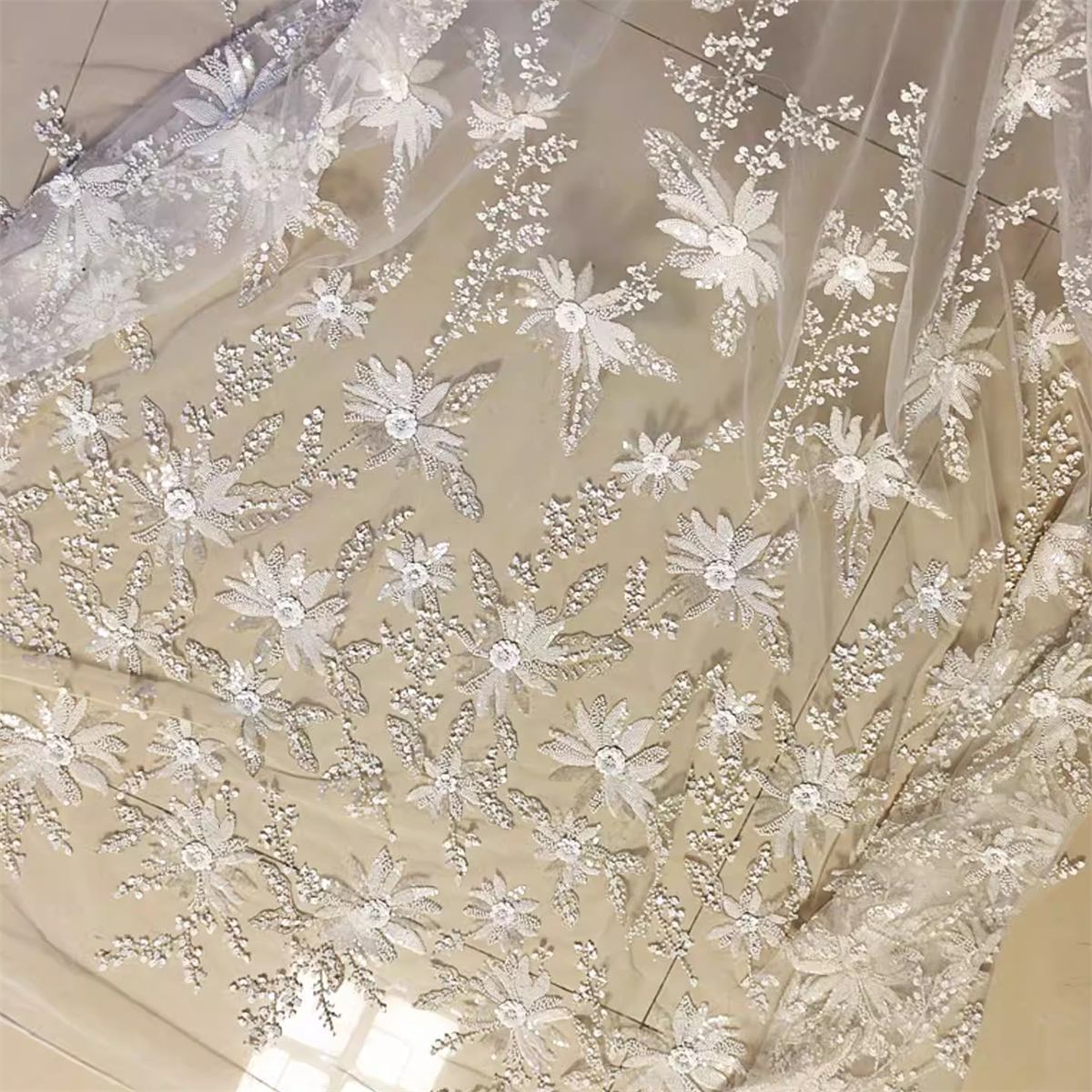 Bridal Lace Fabric - 1 Yard - Embroidered Beaded Wedding Lace Fabric | lil015