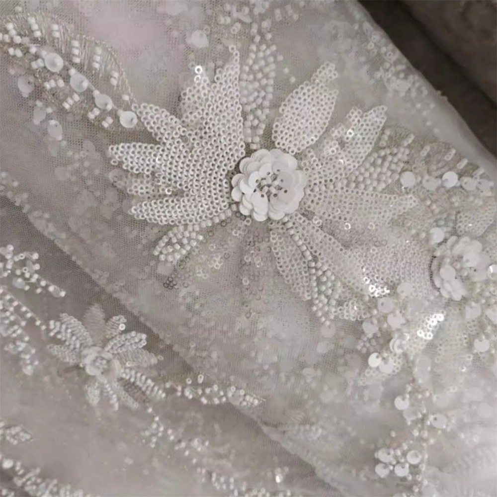 Bridal Lace Fabric - 1 Yard - Embroidered Beaded Wedding Lace Fabric | lil015