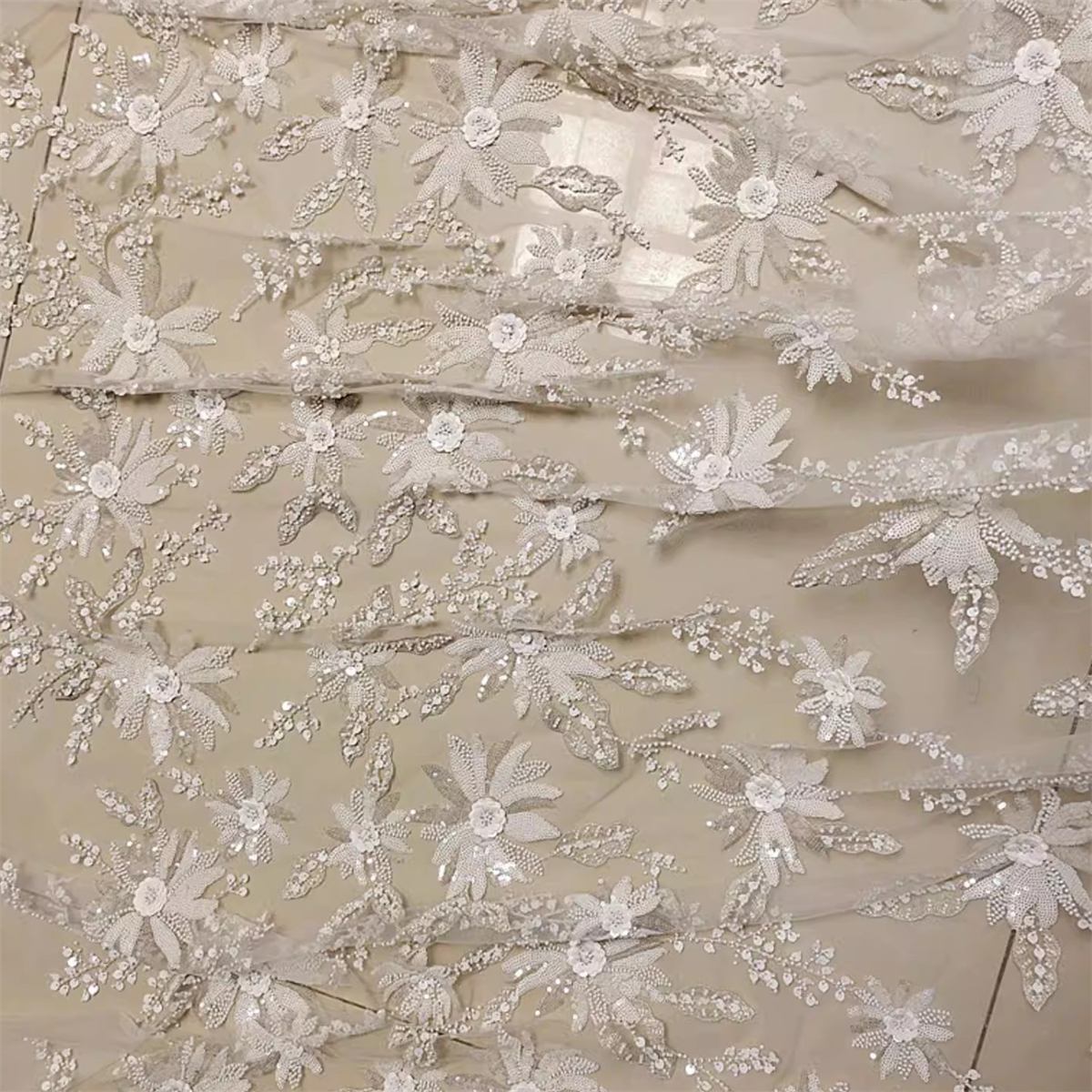 Bridal Lace Fabric - 1 Yard - Embroidered Beaded Wedding Lace Fabric | lil015