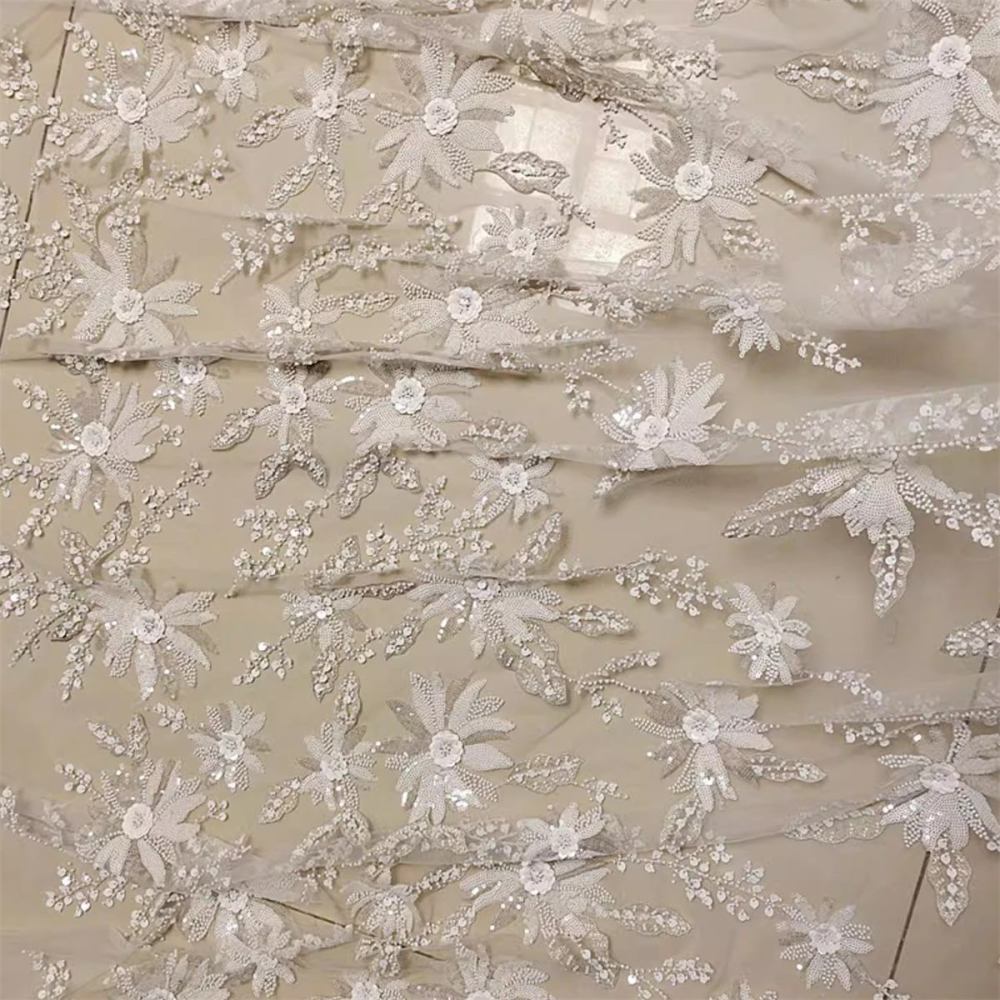 Bridal Lace Fabric - 1 Yard - Embroidered Beaded Wedding Lace Fabric | lil015