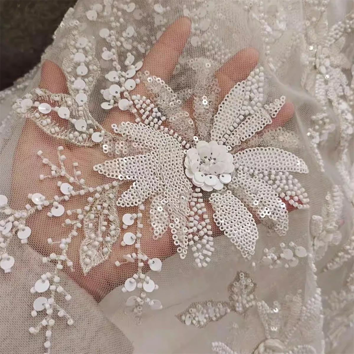 Bridal Lace Fabric - 1 Yard - Embroidered Beaded Wedding Lace Fabric | lil015