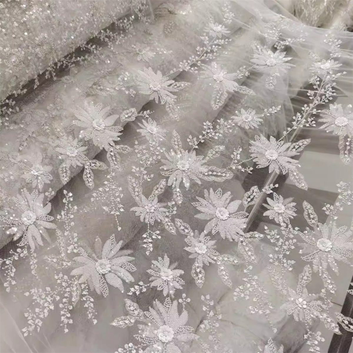 Bridal Lace Fabric - 1 Yard - Embroidered Beaded Wedding Lace Fabric | lil015
