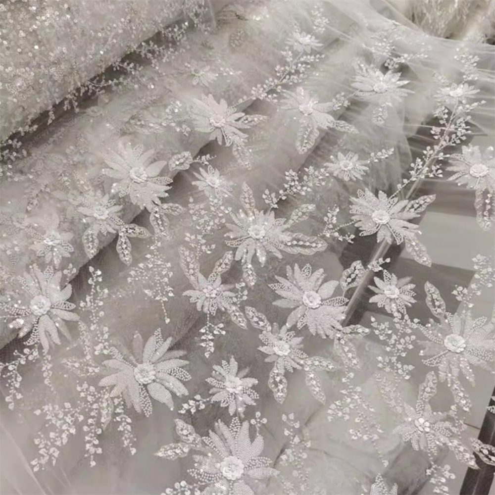 Bridal Lace Fabric - 1 Yard - Embroidered Beaded Wedding Lace Fabric | lil015