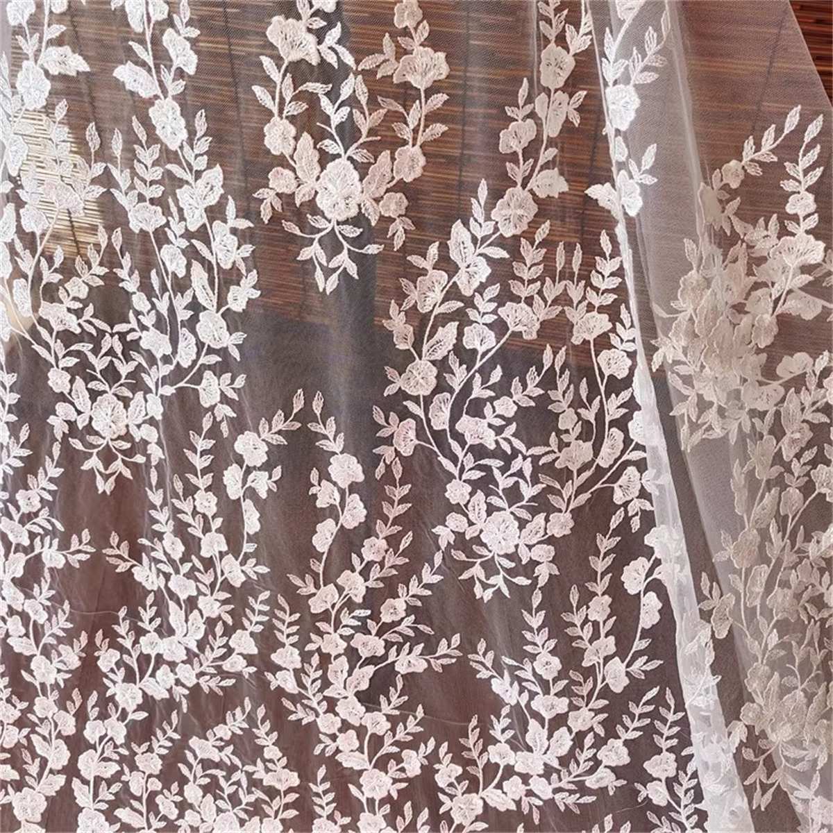 Bridal Lace Fabric - 1 Yard - Corded Embroidered Sequin Beaded Wedding Lace Fabric | lil017