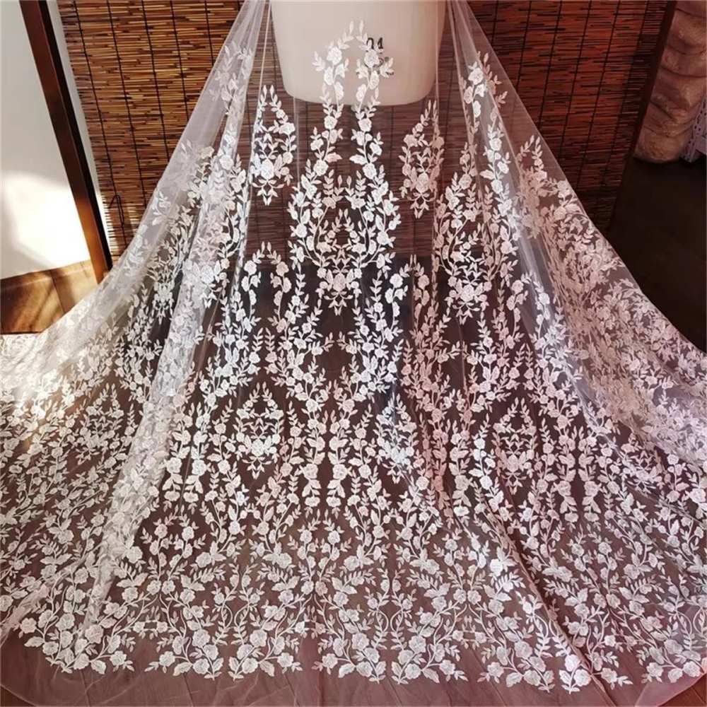 Bridal Lace Fabric - 1 Yard - Corded Embroidered Sequin Beaded Wedding Lace Fabric | lil017