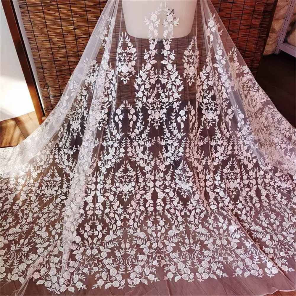 Bridal Lace Fabric - 1 Yard - Corded Embroidered Sequin Beaded Wedding Lace Fabric | lil017