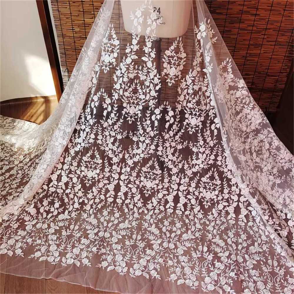 Bridal Lace Fabric - 1 Yard - Corded Embroidered Sequin Beaded Wedding Lace Fabric | lil017