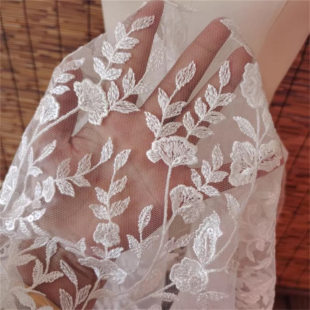 Bridal Lace Fabric - 1 Yard - Corded Embroidered Sequin Beaded Wedding Lace Fabric | lil017