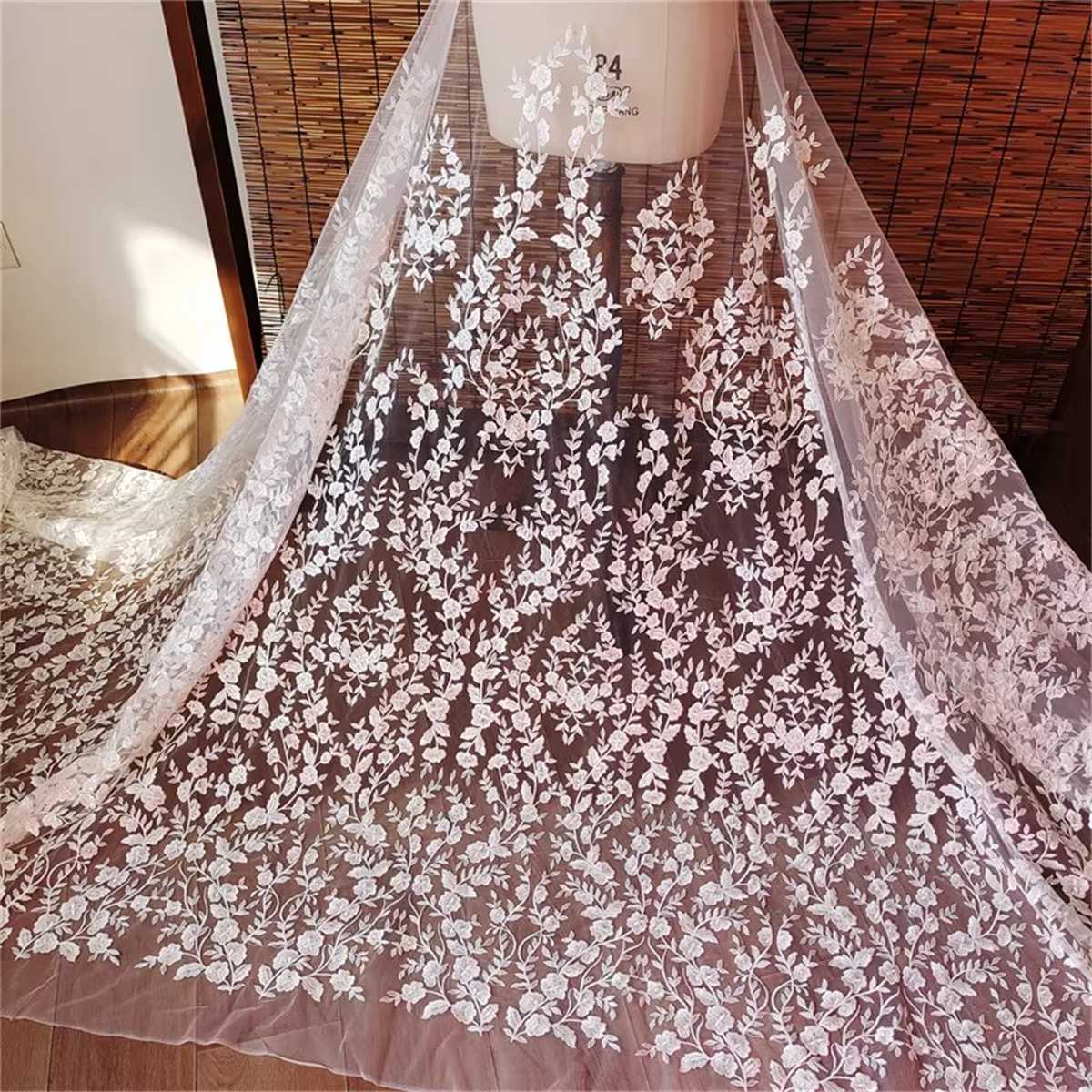 Bridal Lace Fabric - 1 Yard - Corded Embroidered Sequin Beaded Wedding Lace Fabric | lil017