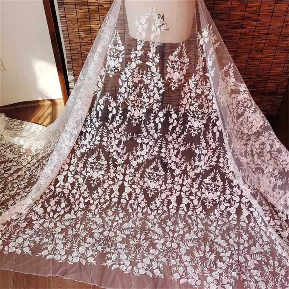 Bridal Lace Fabric - 1 Yard - Corded Embroidered Sequin Beaded Wedding Lace Fabric | lil017