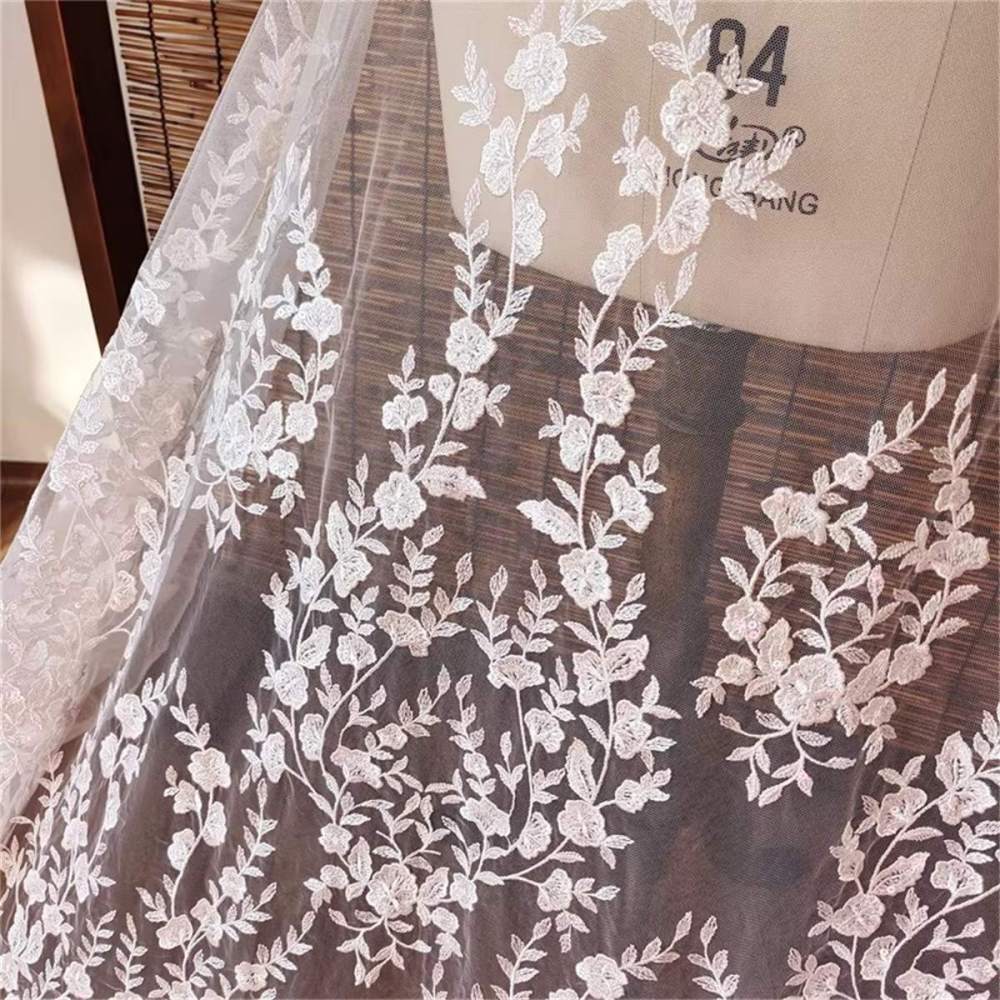 Bridal Lace Fabric - 1 Yard - Corded Embroidered Sequin Beaded Wedding Lace Fabric | lil017