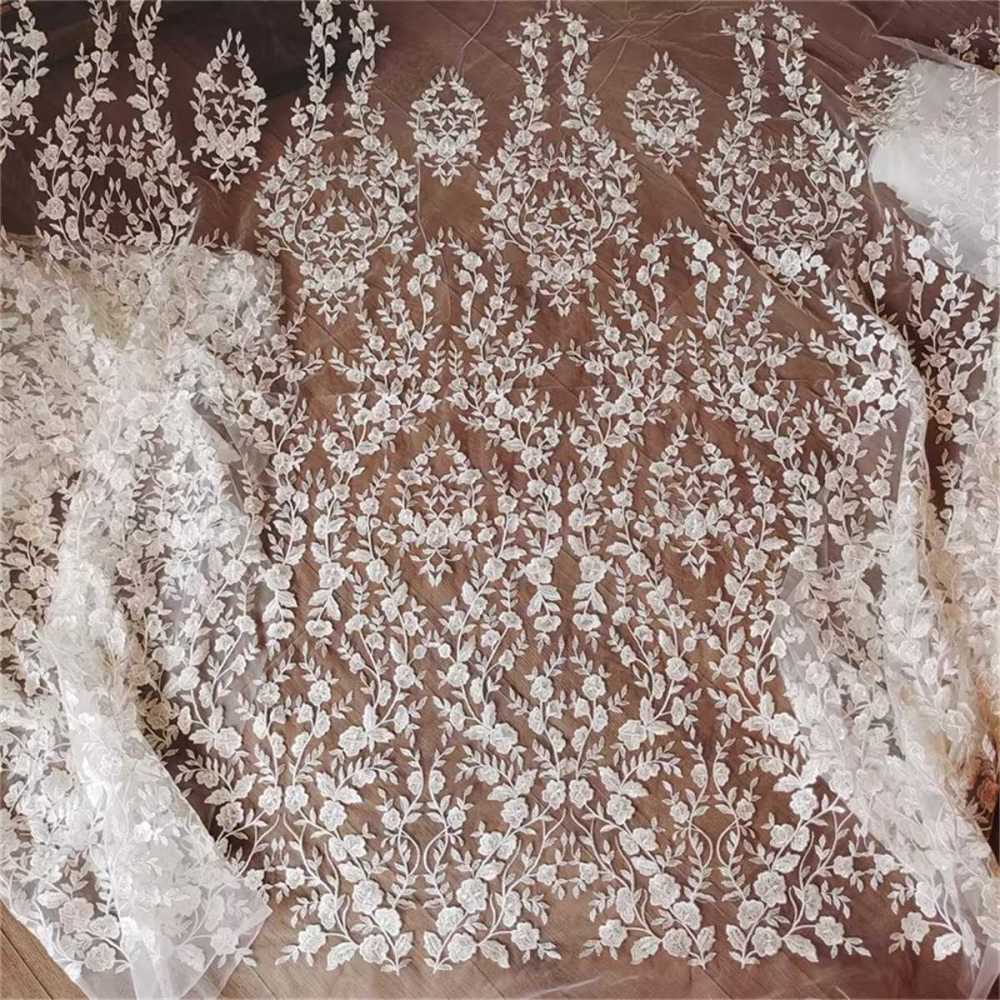Bridal Lace Fabric - 1 Yard - Corded Embroidered Sequin Beaded Wedding Lace Fabric | lil017