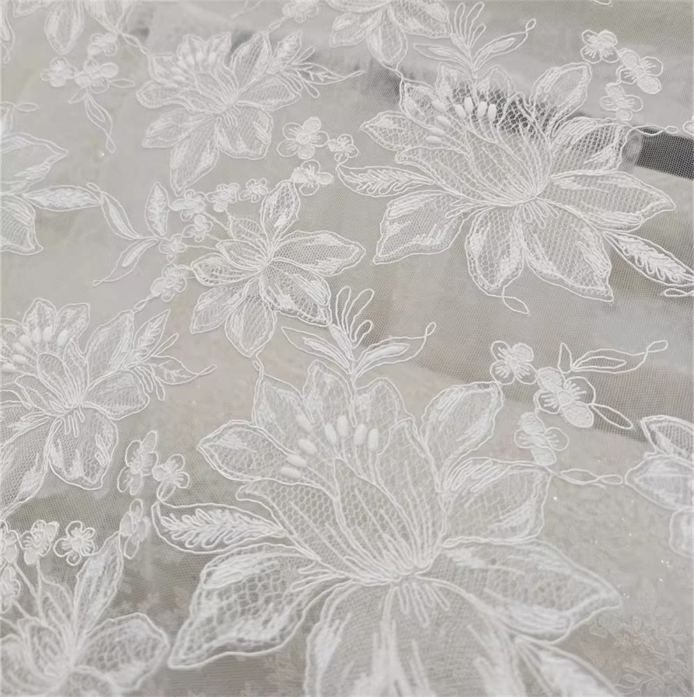 Bridal Lace Fabric - 1 Yard - Corded Embroidered Sequin Beaded Wedding Lace Fabric | lil024