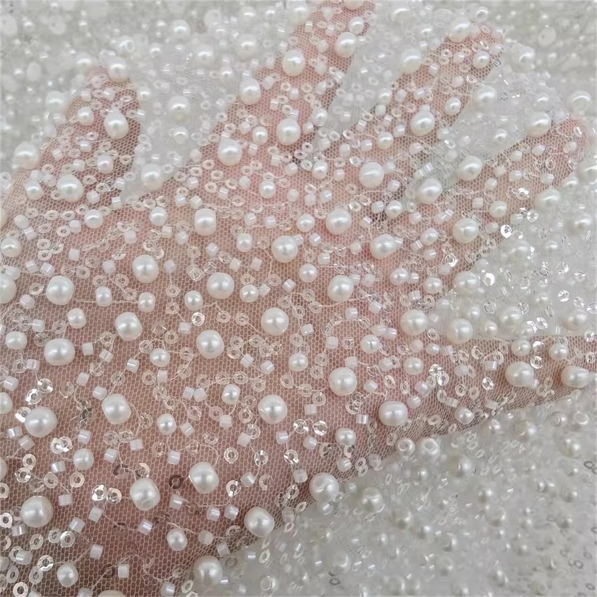 Bridal Lace Fabric - 1 Yard - Corded Embroidered Sequin Beaded Wedding Lace Fabric | lil025