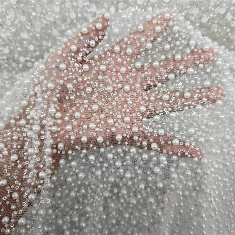 Bridal Lace Fabric - 1 Yard - Corded Embroidered Sequin Beaded Wedding Lace Fabric | lil025