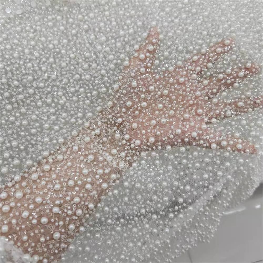 Bridal Lace Fabric - 1 Yard - Corded Embroidered Sequin Beaded Wedding Lace Fabric | lil025