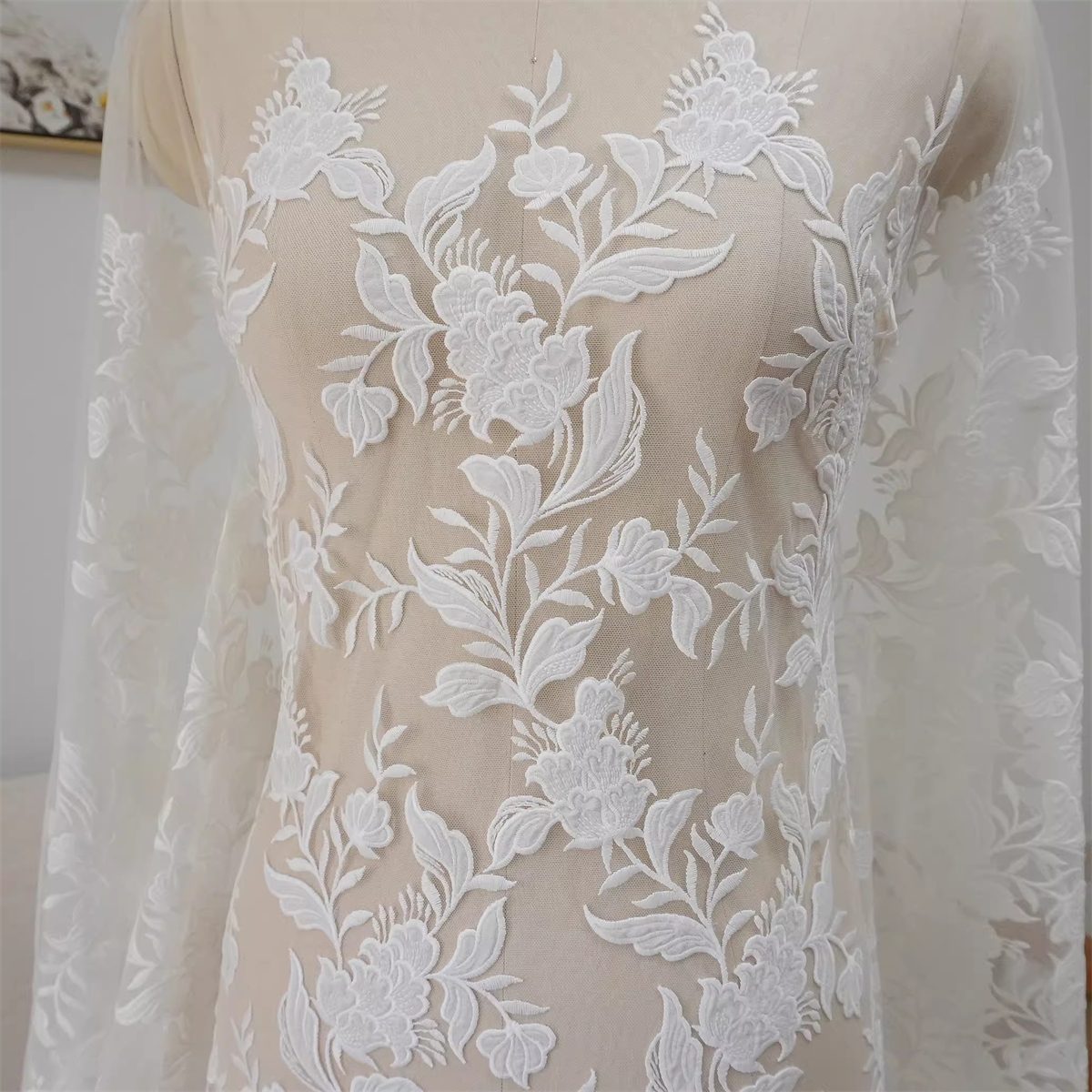 Bridal Lace Fabric - 1 Yard - Corded Embroidered Sequin Beaded Wedding Lace Fabric | lil029