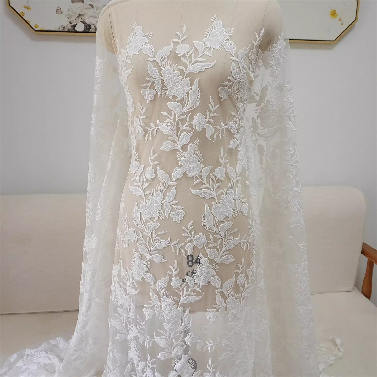 Bridal Lace Fabric - 1 Yard - Corded Embroidered Sequin Beaded Wedding Lace Fabric | lil029