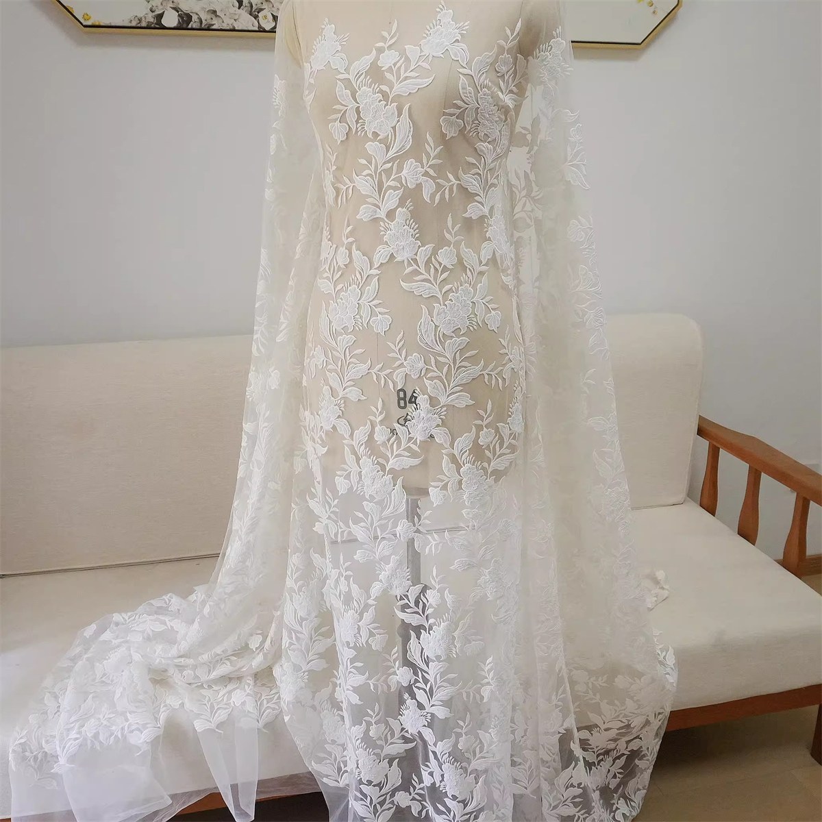 Bridal Lace Fabric - 1 Yard - Corded Embroidered Sequin Beaded Wedding Lace Fabric | lil029