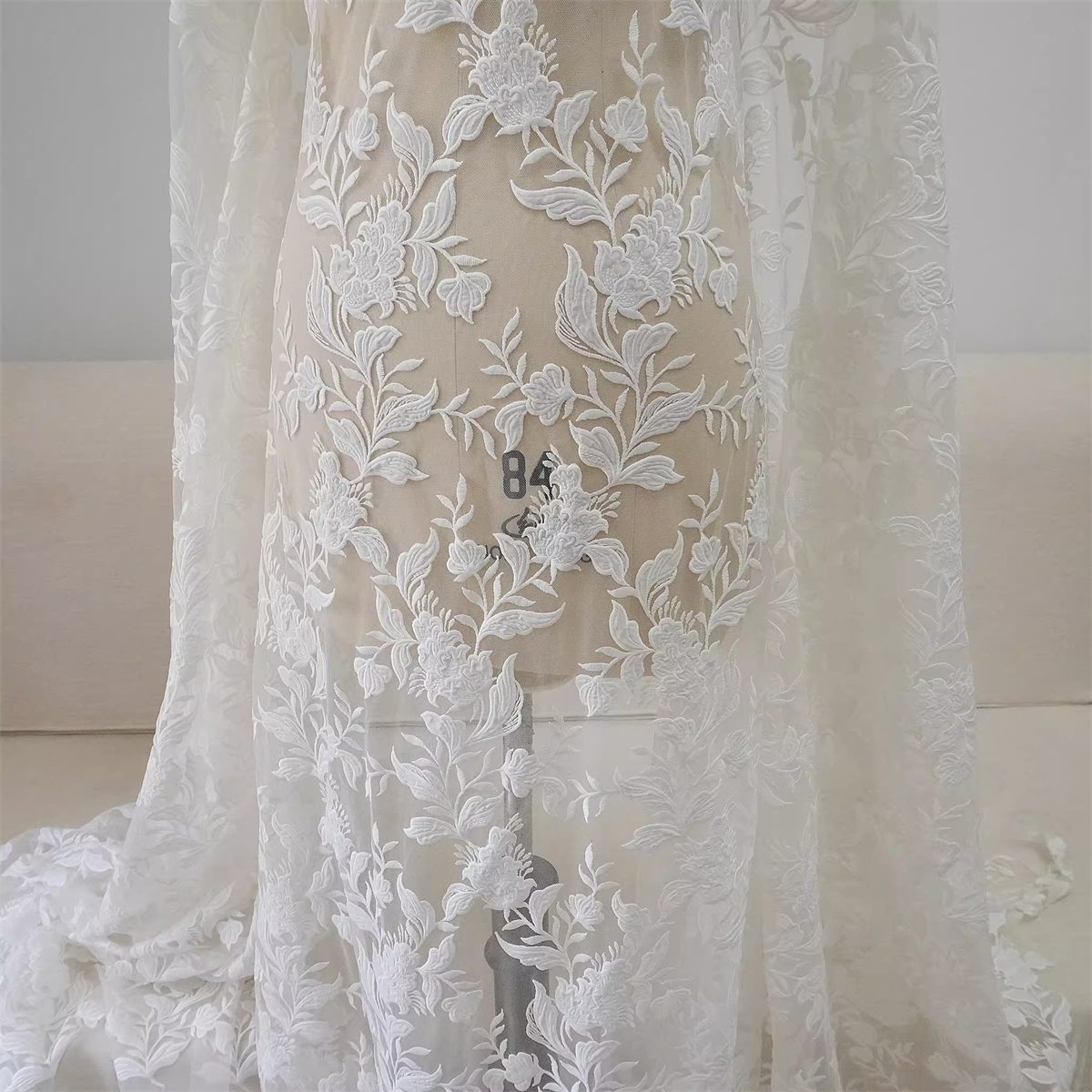 Bridal Lace Fabric - 1 Yard - Corded Embroidered Sequin Beaded Wedding Lace Fabric | lil029