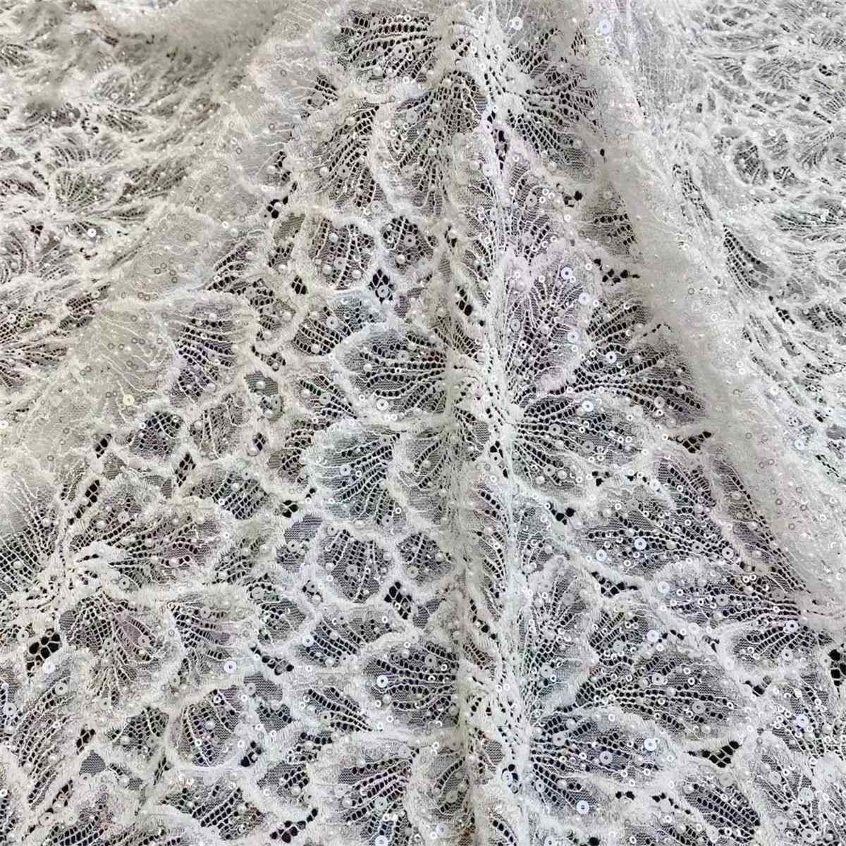 Bridal Lace Fabric - 1 Yard - Corded Embroidered Sequin Beaded Wedding Lace Fabric | lil032