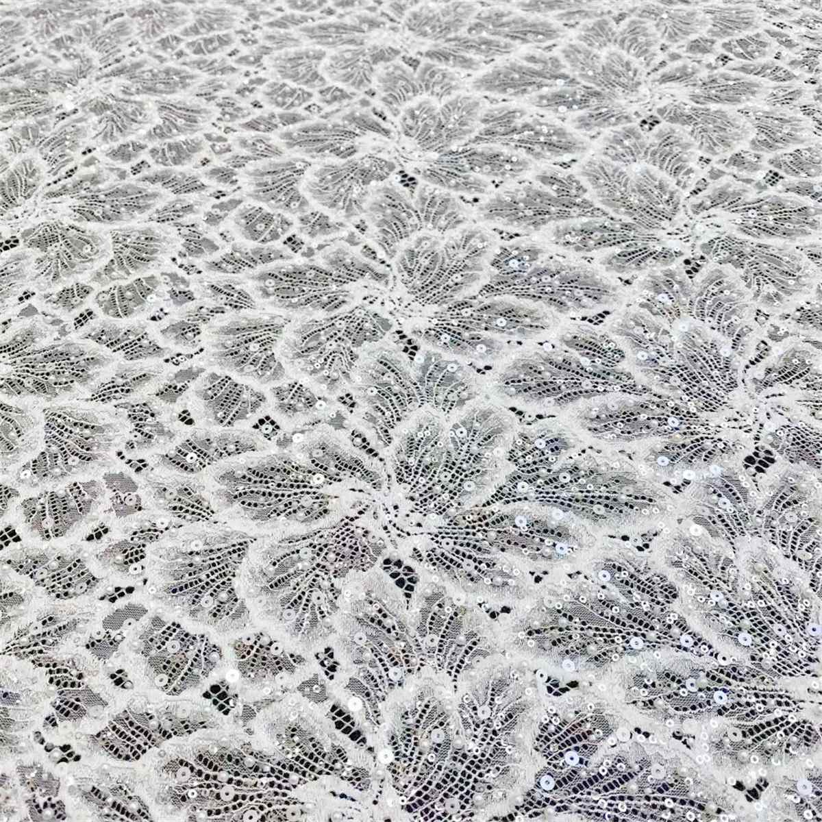 Bridal Lace Fabric - 1 Yard - Corded Embroidered Sequin Beaded Wedding Lace Fabric | lil032
