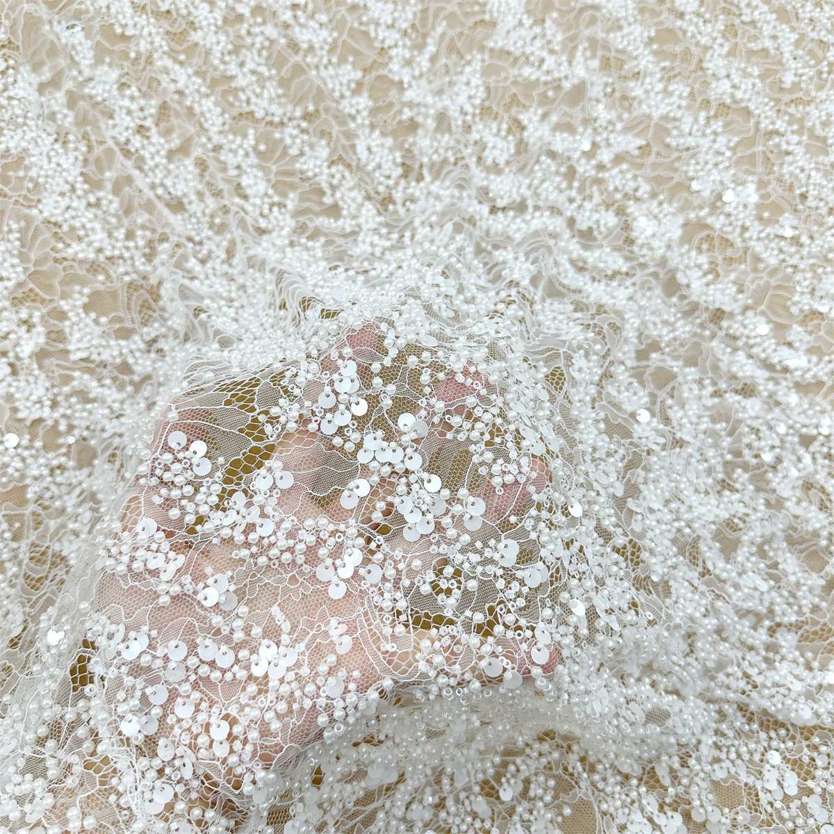 Bridal Lace Fabric - 1 Yard - Corded Embroidered Sequin Beaded Wedding Lace Fabric | lil034