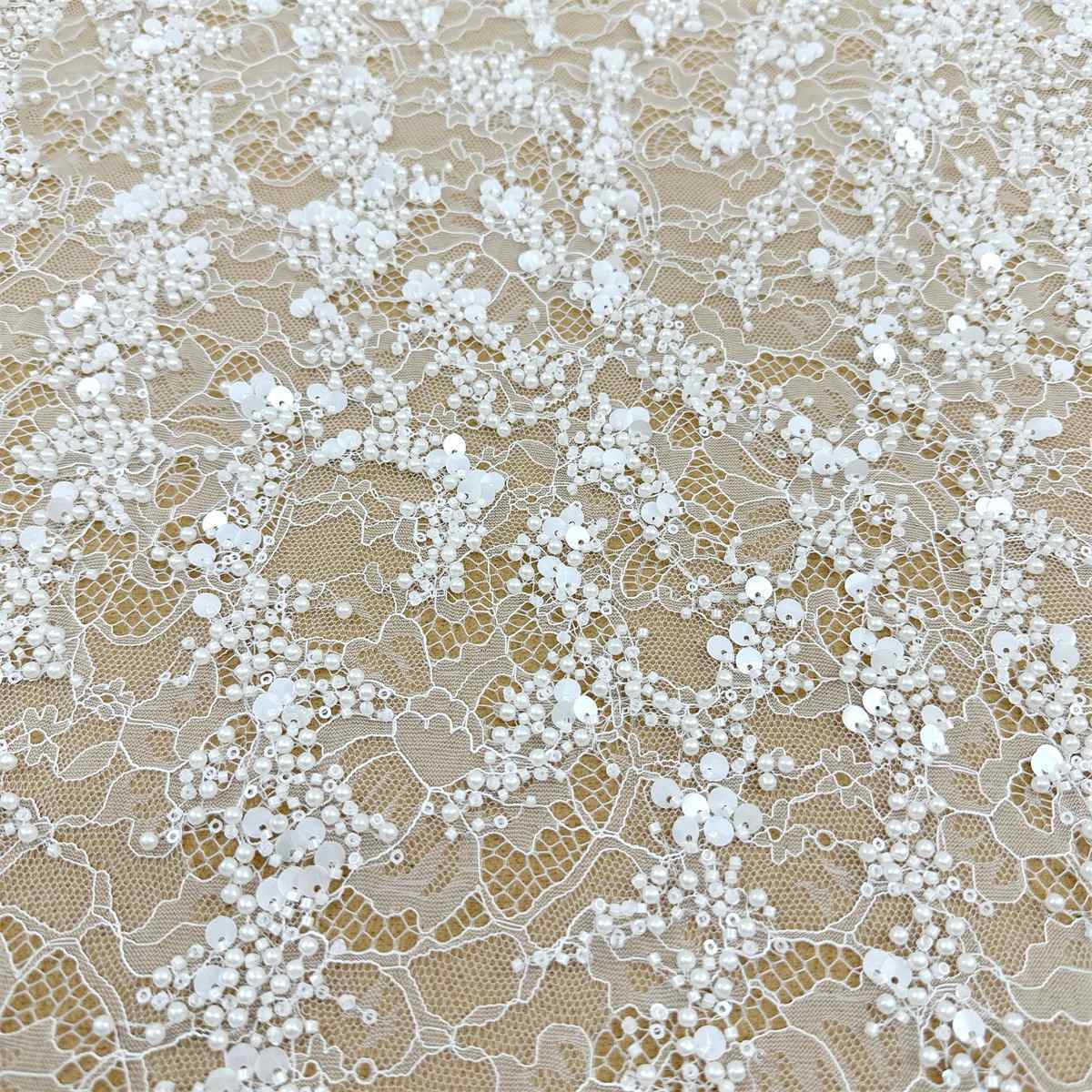 Bridal Lace Fabric - 1 Yard - Corded Embroidered Sequin Beaded Wedding Lace Fabric | lil034