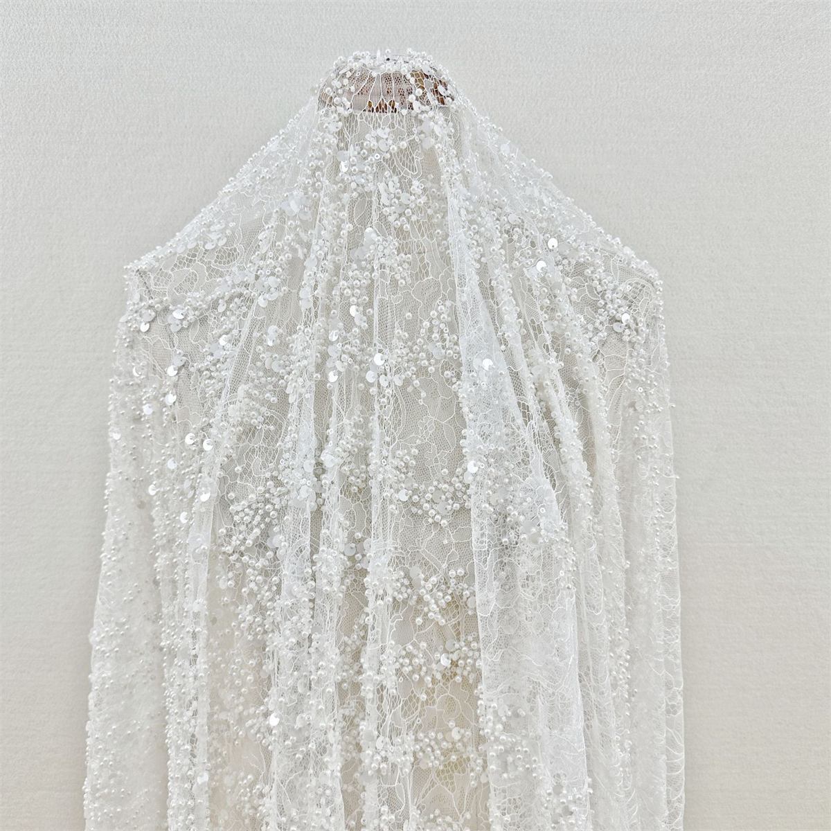 Bridal Lace Fabric - 1 Yard - Corded Embroidered Sequin Beaded Wedding Lace Fabric | lil034
