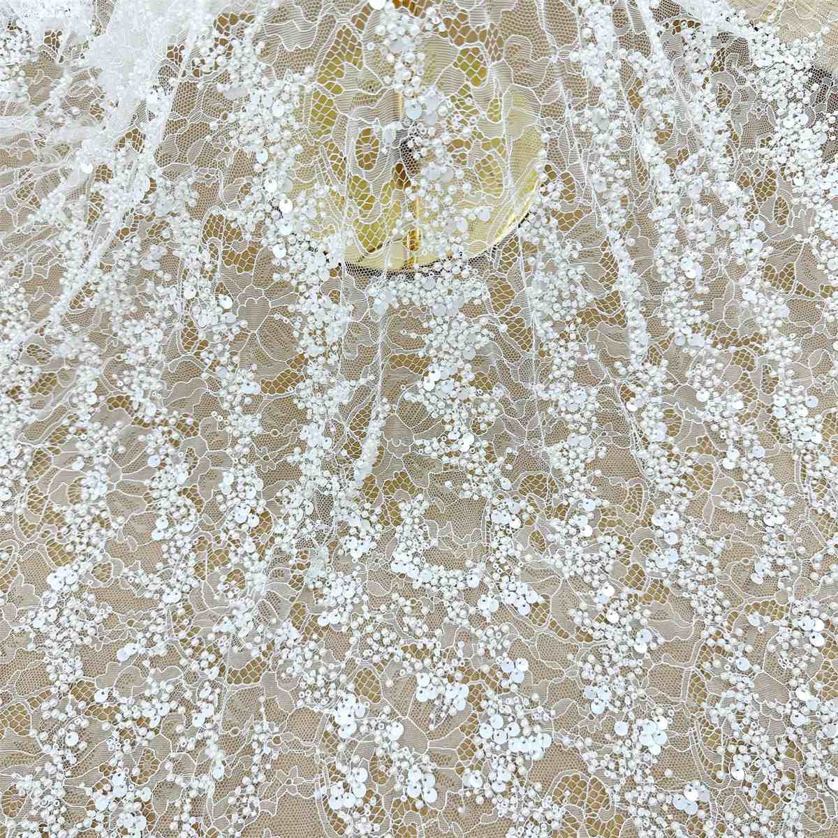 Bridal Lace Fabric - 1 Yard - Corded Embroidered Sequin Beaded Wedding Lace Fabric | lil034